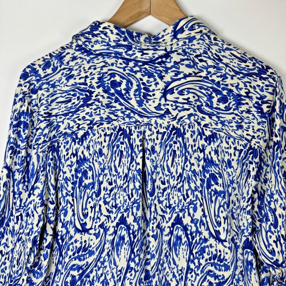 Magaschoni Blouse Womens XL Blue White Paisley Abstract Button Front Long Sleeve - Picture 5 of 12